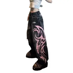 Xojbzoo Women's High-Waist Wide Leg Jeans - Retro Mottled Totem Print, Breathable Denim, Relaxed Fit, Washed Distressed Hip-Hop Style Bottoms
