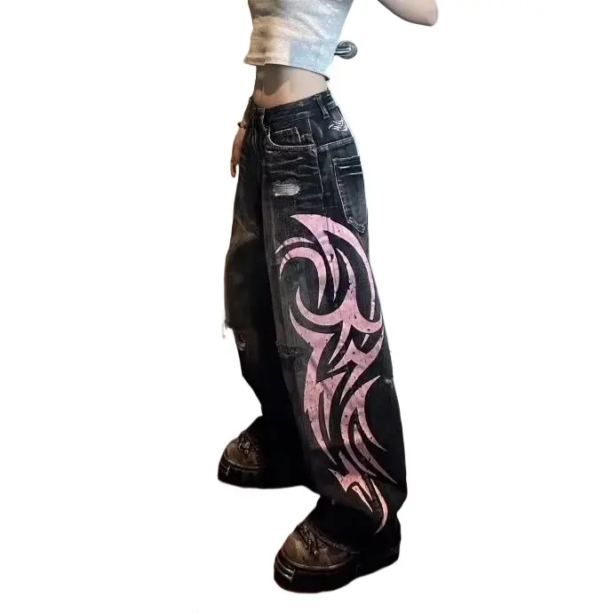 Xojbzoo Women's 2000s Jeans, Ripped High-Waisted Baggy Wide Leg with Mottled Totem Print, Alternative Style Streetwear for a Grunge Aesthetic, Early 2000S Aesthetic, Baggy Wide Leg Jeans, Early 2000S Retro Style, Loose Leg Jeans
