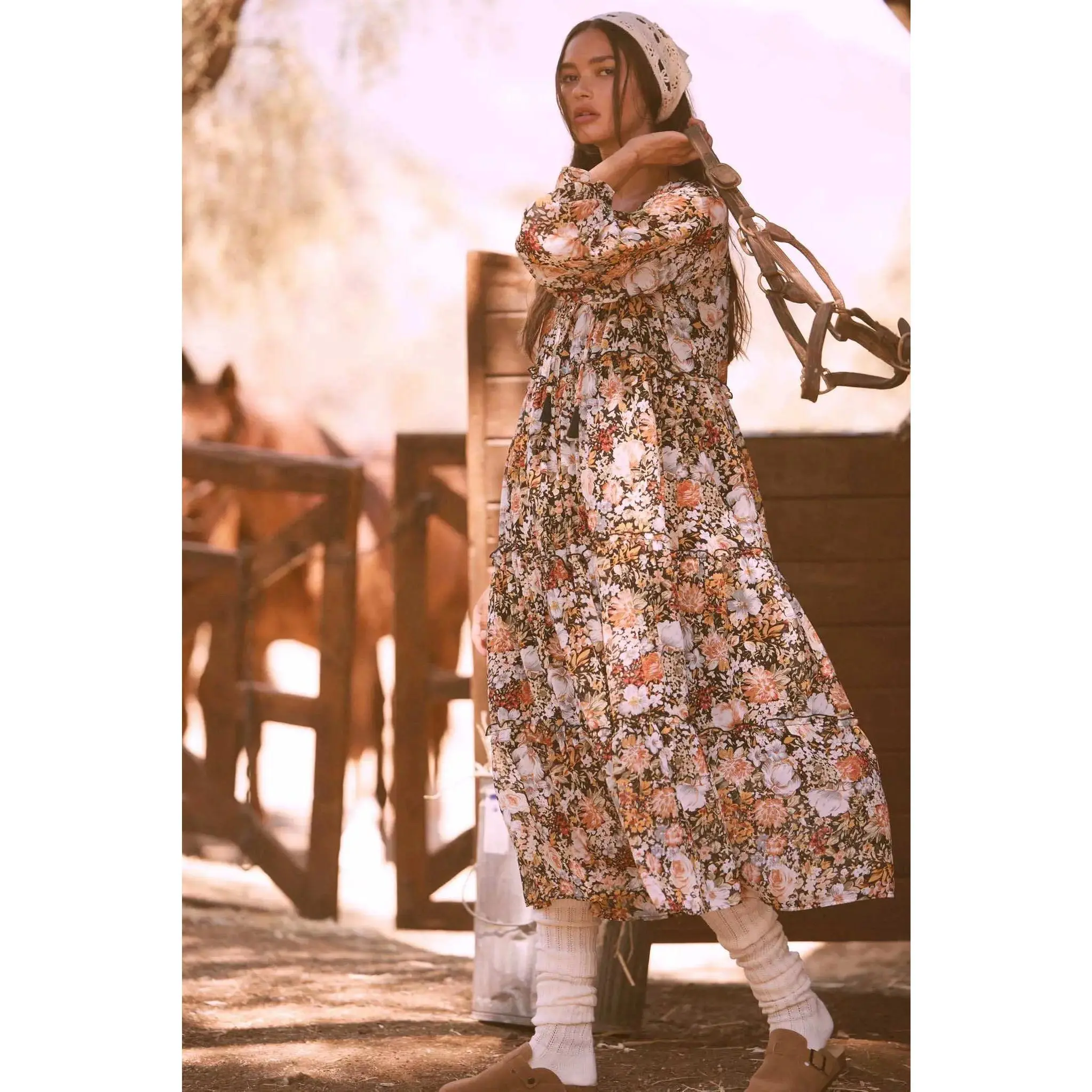 Blooming Harvest Tiered Floral Midi Prairie Dress