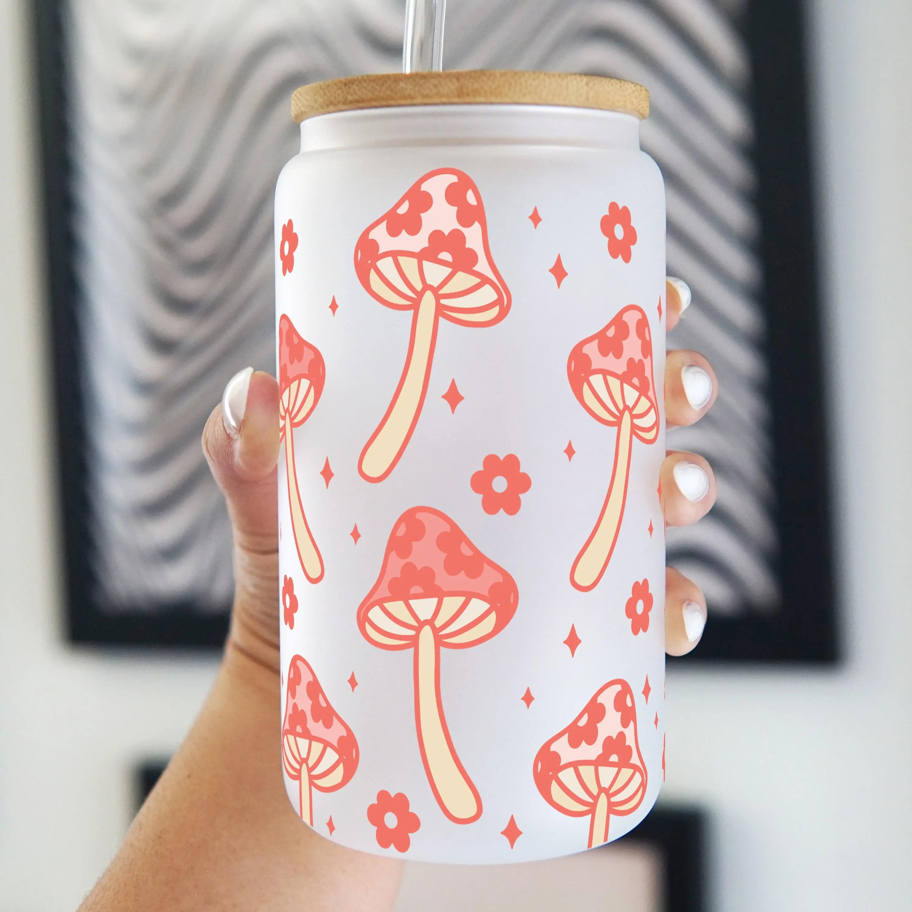 Retro Floral Boho Mushroom 16oz Glass Can with Lid and Straw Iced Coffee Cup, Glass Tumbler, Bamboo Drinkware Aesthetic Mug, Reusable, Portable, and W