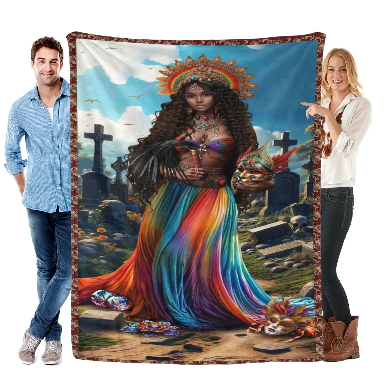 Ayida Weddó Maman Brigitte Soft Flannel Throw Blanket, Vodou Goddess Skull and Graveyard Art for Spiritual Bedrooms and Gothic Lounges, Cozy Sofa Accent for Quiet Rest & Birthday Halloween Gift for Vodou Mythology Fans