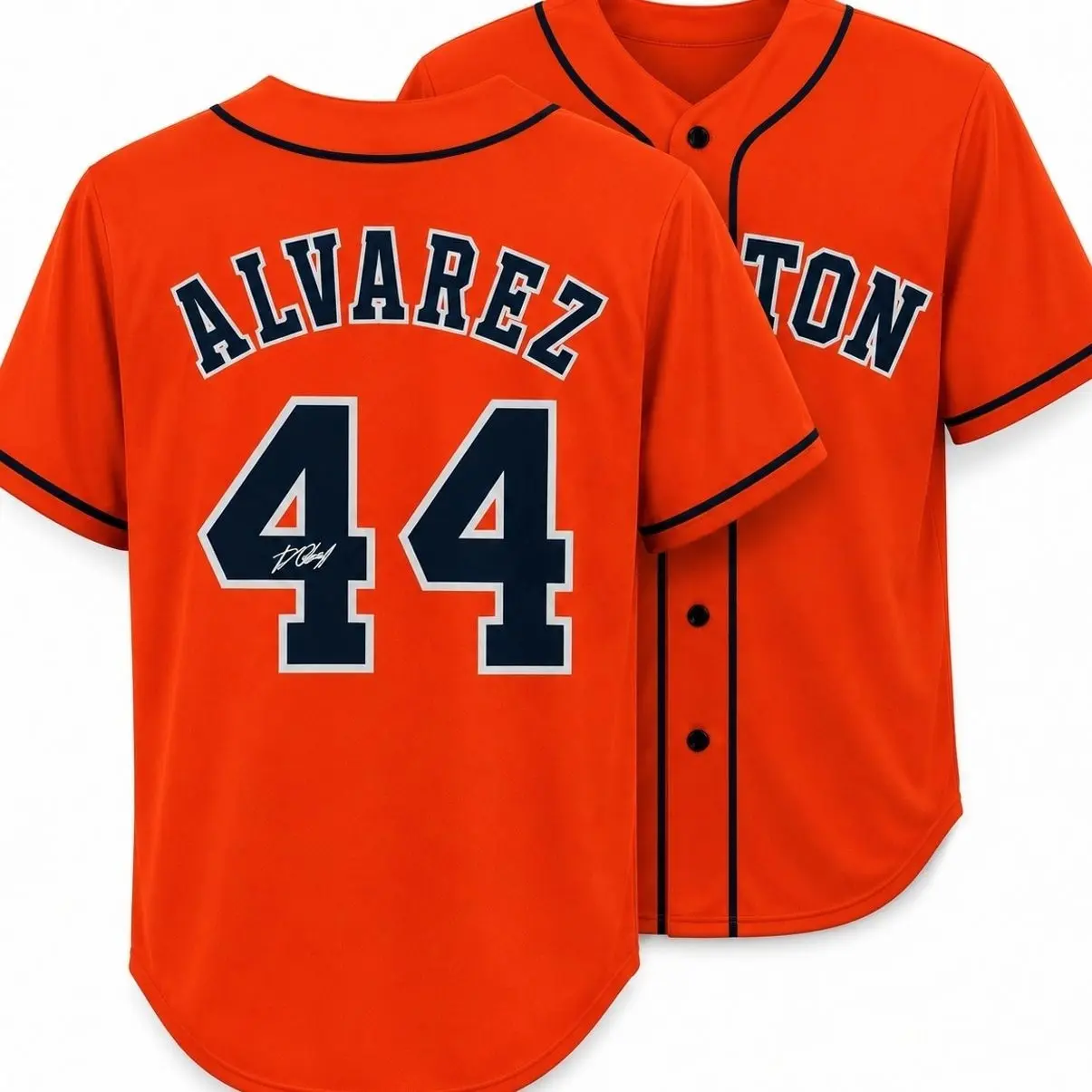All-over Print Baseball Jersey Without Piping, Orange Navy Baseball Uniform, Alvarez #44 Facsimile Autographed Sports Fan Jersey S