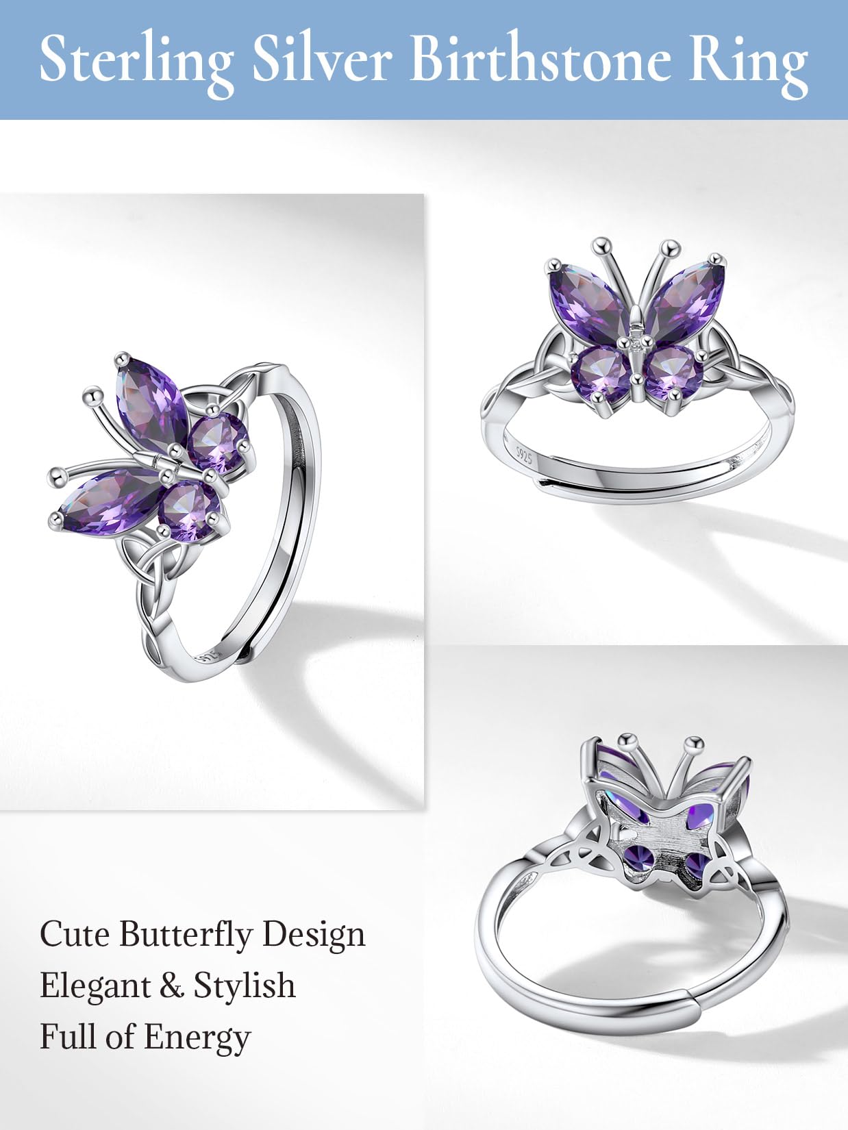 Silver Story 925 Sterling Silver Purple  Butterfly Ring for Women, Dainty Fixed Band Finger Ring with Sparkling Gemstone, Cute Nature Inspired Animal Jewelry Gift for Girls Party Daily Wear