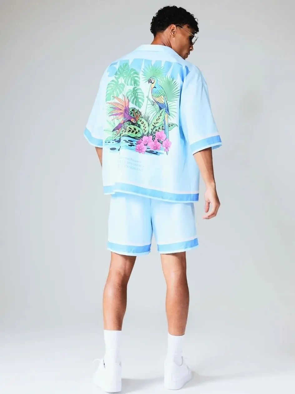 Men's 2 piece sets - Tropical Print Cuban Collar Shirt, Oversized Short Sleeve Button Down Summer Beachwear summer clothing trending clothing trending clothes male clothing men 2 piece sets streetwear streetwear clothing
