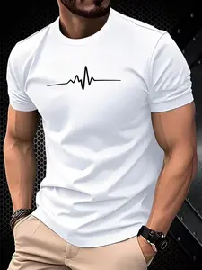 Men's 3D Printed Short Sleeve T-Shirt, Casual Heartbeat Design, Round Neck, Lightweight Polyester, All Seasons Fitted Comfort Fit