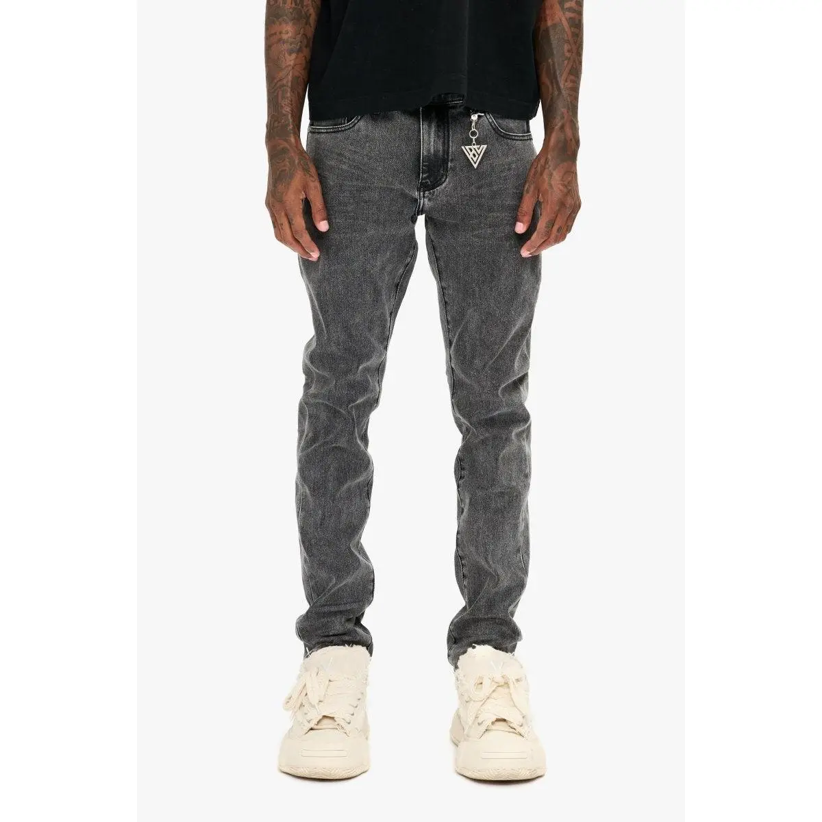 Slim Fit Grey Wash Men's Jeans - Mid-Rise Cotton Blend Denim with Subtle Distressing and Vintage Flair, Pants, Aesthetics, Mensfashion, Casual, Cold Wash, Hang Dry