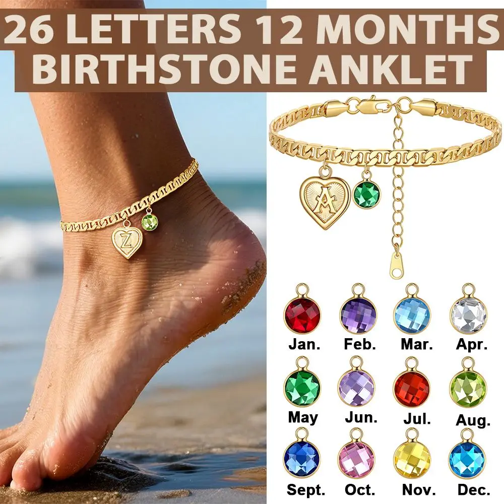 FindChic Personalized Golden Initial Heart Birthstone Anklet - Non-Tarnish Mariner Chain Wearable Jewelry, Fashionable Accessory for Women, Heart/Letters Artificial Gemstone Bracelets & Anklets (Summer Beach Gift), Accessories, Heart Artificial Gemstone B