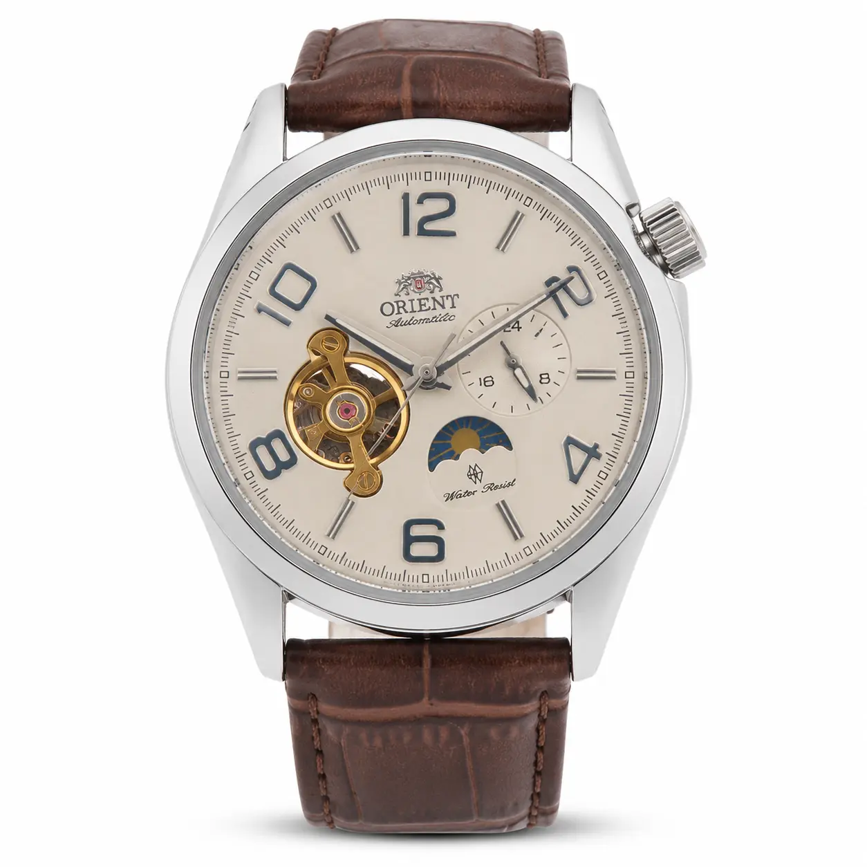 Men's Automatic Mechanical Watch with Retro Charm, Business Casual Round Open Heart Skeleton Dial with Moon Phase, Luminous Hands, and Interchangeable Steel & Leather Straps, Businesscasual