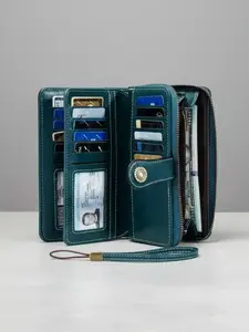 Women's RFID Blocking Large Capacity Leather Long Wallet, Durable Fashion Wallet, Vintage Style Multi-Functional Zipper Purse with Wrist Strap for All Seasons