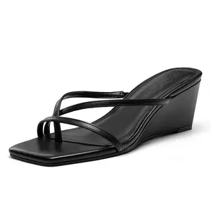 Athlefit Women's Dressy Summer Wedge Sandals Slip On Casual Strappy Thong Slides Cute Square Open Toe Flip Flop Heels