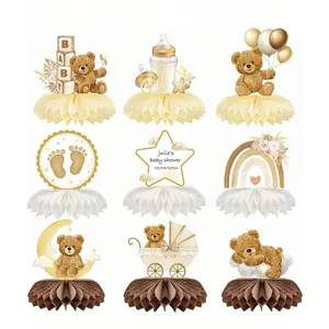Baby Shower Decorations Set, Teddy Bear Honeycomb Centerpiece, Cream Color Party Supplies, Table Decoration, Birthday Gift ()