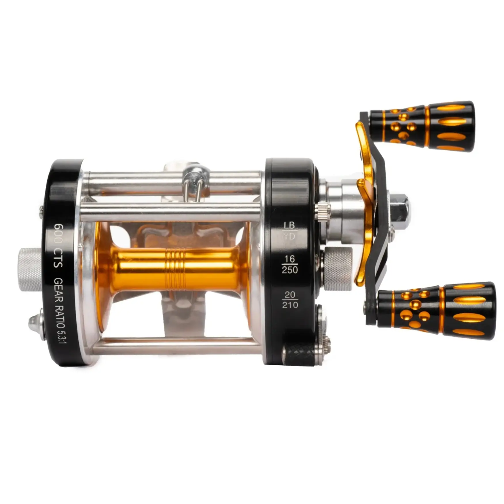 Catfish Pro Tournament Series 600CTS Round Baitcaster Reel, 19 lb Carbon Drag, Carbon Fiber Handle, Bait Clicker and 6+1 Bearings