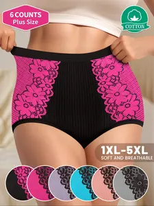 Women's Plus Size Cotton Lace High Waist Panties, 6 Pack, Breathable Soft Multi Color, Ribbed Striped Contrast, Comfort Fit, High Waisted Briefs