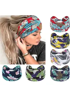 6-piece printed hair bands for ladies,Women's 6pcs Printed Headbands, Ultra-Soft Stretch Floral Hair Bands, Boho Style, All Seasons, Geometric Pattern, Twist Design, Flower Headbands
