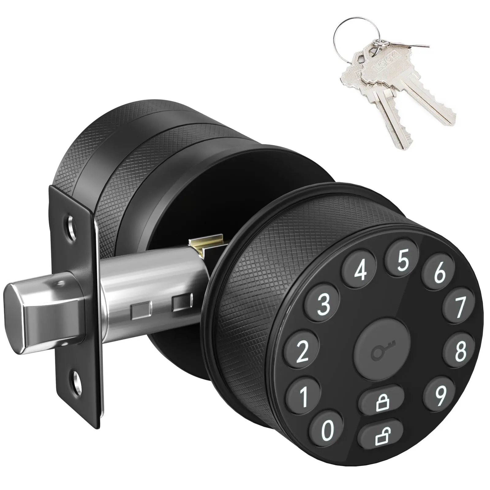 Black Keypad Door Knob Lock - Electronic Handle with Keypad & Key, Automatic Locking, User-Managed, 100 Codes, 1-3/8 In Thickness, 4 LR6/AA/1.5V Batteries, for Office Doors, Apartments, 1-3/8 Inches Thickness, Backlighted Pad