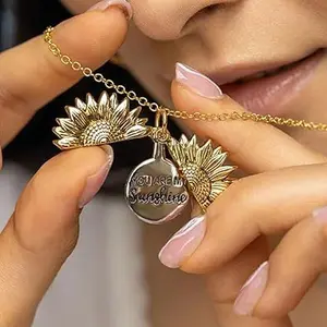Sterling Silver Sunflower Locket Necklace You Are My Sunshine Engraved Pendant Necklaces