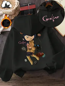 Women's Coraline Movie Letter Print Hoodie, Retro Vintage Long Sleeve Fitted Casual Sweatshirt, Fall & Winter Warm Round Neck Pullover