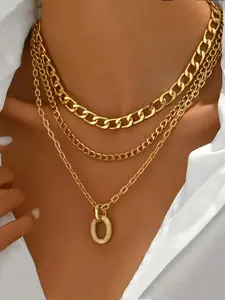 Multi-Layered Hip Hop Necklace for Women, Geometric Oval Pendant with Chunky Aluminum Chain, Minimalist Style Gift for Parties, Chunky Chain Choker