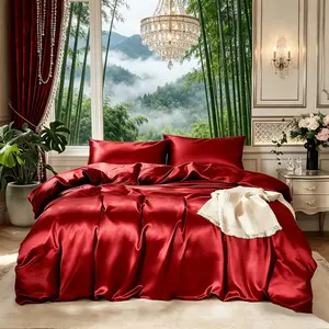 3-Piece Luxury Red Satin Duvet Cover Set, Includes 1 Duvet Cover and 2 Pillowcases (Without Insert), Ideal for Home Bedroom Decor, Gentle on Skin and Hair, Soft and Comfortable Fabric.