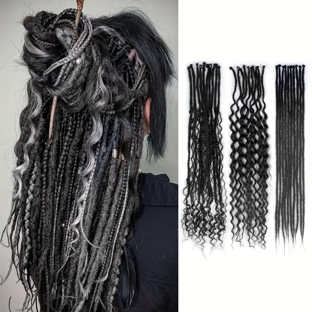 2025 Wholesale Arrivals 24 Inch (Approx. 60cm) 30-Strand SE Dreadlock Extension Set, 3-in-1 Mixed Extension, Black Curly and Straight Hair with Bohemian Single Tail Extension, Hippie Style Women'S Long Hair Extension Set for Daily Use, Dark Style