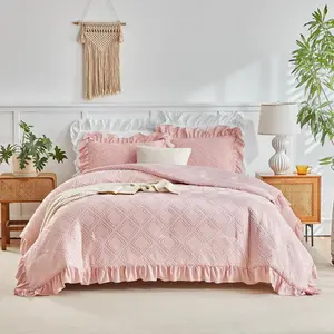 Tufted Ruffle Comforter Set Full/ Size, 3 count Blush Pink Ruffled Farmhouse Comforters, Luxury Solid Color Soft and Embroidery Shabby Chic Boho Bohemian Bedding Set (1 Comforter + 2 Pillowcases)
