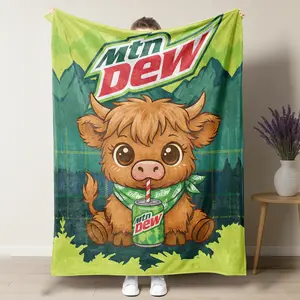 Mtn Dew Cute Highland Cow Plush Blanket,artoon Highland Cow Drinking Mountain Dew Graphic Soft Fleece Throw Blanket, Perfect for Mtn Dew Fans, Cow Lovers & Cozy Home Decor