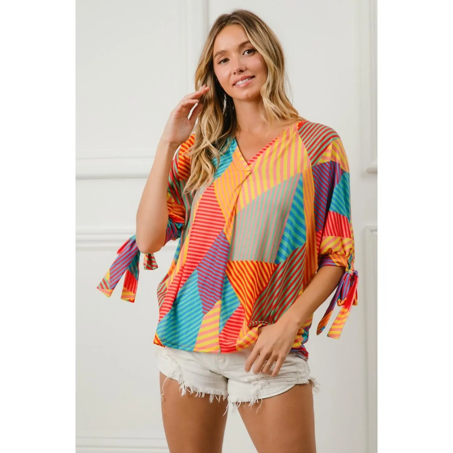 BiBi Multi Stripe Block Printed Jersey Blouse with Tied Sleeves