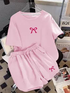 Two-Piece Set Women's Bowknot Print Short Sleeve Tee & Pocket Shorts, Casual Round Neck T-shirt & Shorts for Daily Wear, Ladies Summer Clothes, Suits, Casual Matching Set