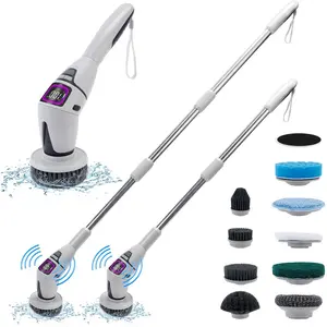 Electric Spin Scrubber, IPX7 Waterproof Wireless Cleaner with 10 Interchangeable Brush Heads, 3-Speed Adjustment, Detachable Long Handle, Voice Prompts for Bathroom Cleaning cordless Cleaning Wand floor shower