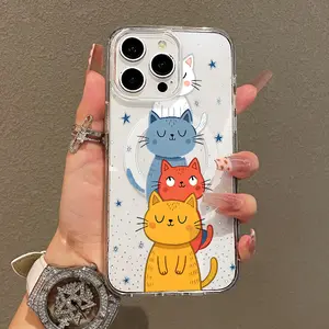 Soft Girl Magnetic Case for iPhone11/12/13/14/15/16/17/promax, Stacked Cats Illustration Lightweight, Drop-Proof, MagSafe Compatible | Perfect for Teen Girls
