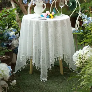 Romantic Vintage Lace Tablecloth with Fringe, Semi-Transparent Round Table Cover, Available in Two Colors, Elegant Home Decor