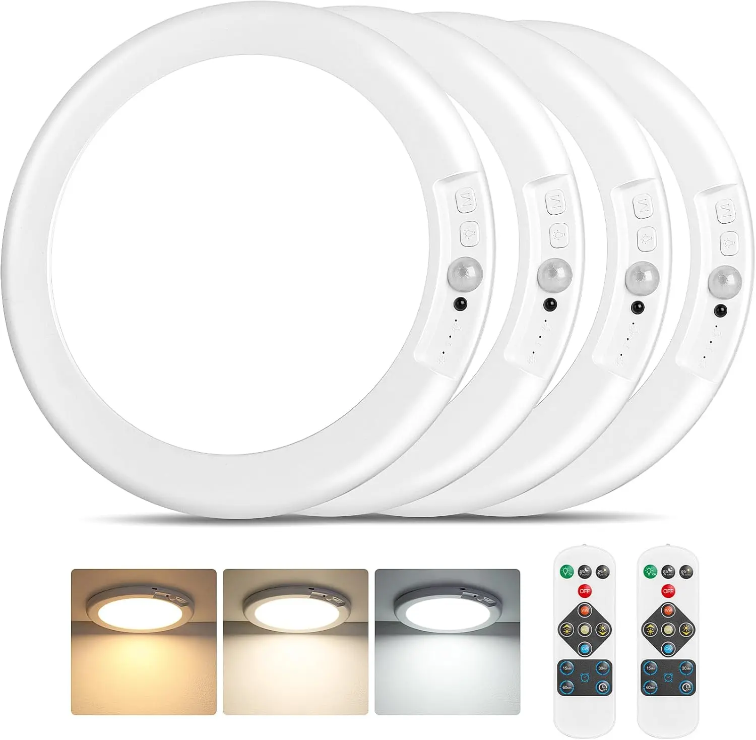 Rechargeable Motion Sensor Ceiling Lights (1/2/4-Pack) - Cordless Magnetic LED Automatic Sensor Ceiling Lighting, Remote Control, 3 Color Modes, 10-Level Dimming, 4000mAh Batteries, 7-10h Continuous Use, 9-16 ft Motion On, Recessed for Bathroom, Closet