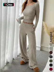 Women's Casual Striped Long Sleeve Top & Loose Pocket Pants Set, European Style Womenswear, Comfortable for Daily Wear