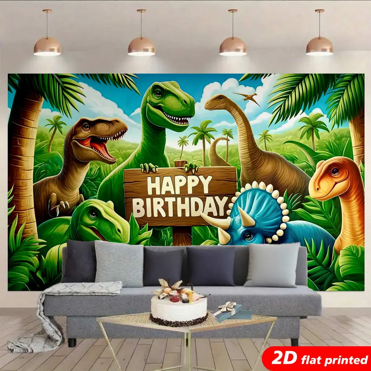 Rectangular 2D Flat Printed Synthetic Polyester Dinosaur Tapestry Wall Hanging - Gift, Tropical, Rod Pocket, Indoors, Wrinkle-Resistant, High-Detail, Machine-Washable, Adventure-Themed, Wooden Accent-Ready, Kids Room Decor, Jurassic T-Rex Photo Backdrop