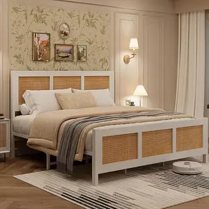 King Size Bed Frame with Headboard, Bohemian Rattan Platform Bed Frame with Strong Metal Slats Support, No Box Spring Needed, Noise-Free Design
