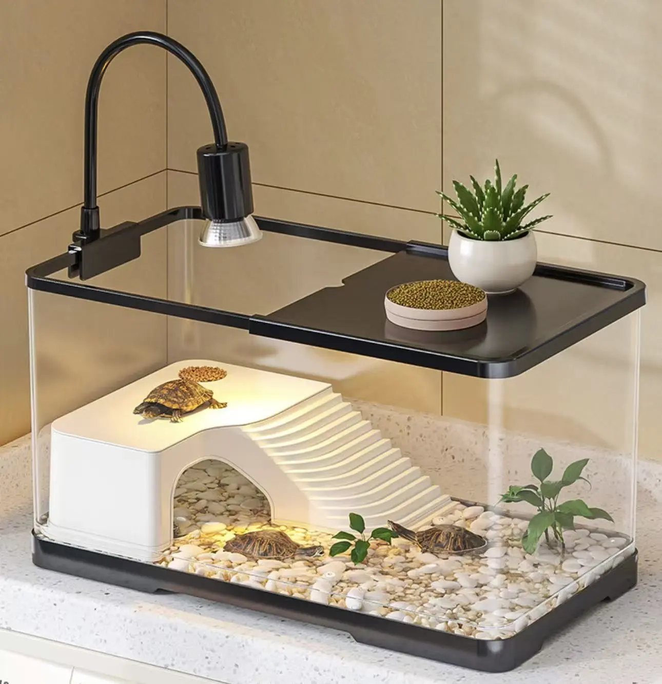 Ultra-Clear Reptile Tank with Enclosed Escape-Proof Design, Basking Platform, Land-Water Separation, Drainage System and Reptile Tank Stand, Ideal for Turtles  turtle aquarium