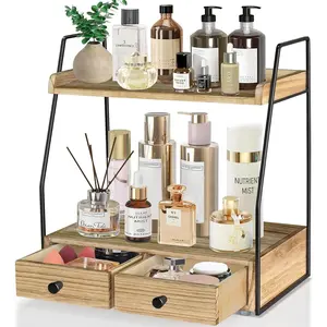 2-Tier Wood Counter Organizer with Drawer, Farmhouse Decor Vanity Shelf - Multi-Purpose Home Storage for Bathroom, Kitchen Makeup, Perfume, Skincare - Ideal Gift