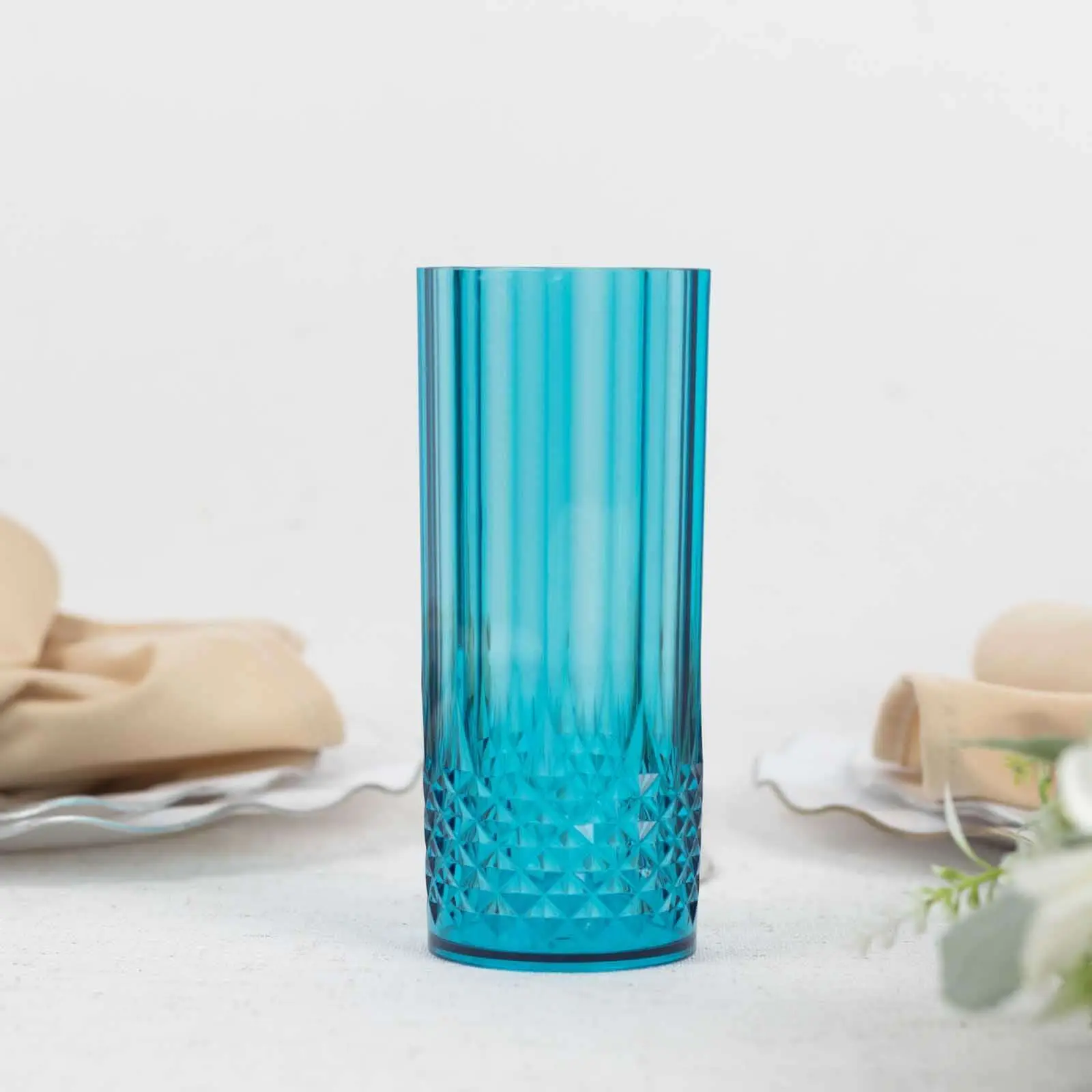 6-Pack Transparent Plastic Highball Drink Glasses 14oz, Crystal Cut Style Ocean Blue - Shatterproof Tall Cocktail Tumblers