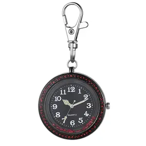 OIDEA Rhinestone Diamond Luminous Keychain Nurse Watch Black Case Red Crystal Quartz Pocket Watch