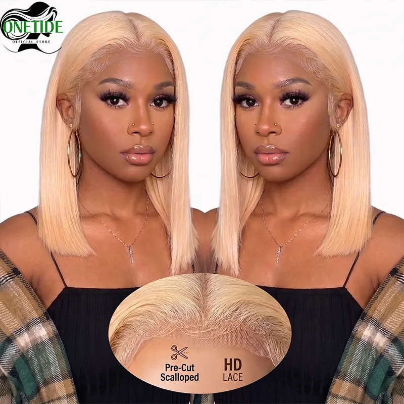 Blonde Wear & Go Bob Wig Human Hair, 5x7 HD Lace Glueless Wig, Pre-Cut Lace, Pre-Plucked, Beginner Friendly, Straight Bob Wig for Women, 180% Density, 10-14 Inch