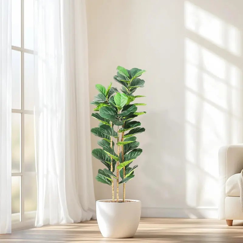 5ft Height Faux Fiddle Leaf Fig Tree with White Pot - Premium Polyester Fibers, Realistic Decorative Nature Plants for Home Room Decor, Indoor Outdoor Furniture Accent