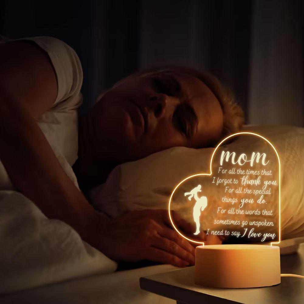 Mom Thank You Heart 2D Acrylic LED Night Light, Warm White USB Bedside Lamp, Mother's Day Birthday Gift for Mom, Bedroom Home Decor