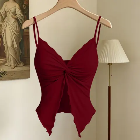 Summer Solid Color Minimalist Shoulder Strap Adjustable V-Neck Front Pleated Knot Wood Ear Split Slim Fit Womenswear Camisole Blouse Fitted Cami Top, Women's Fashion Tops for Summer