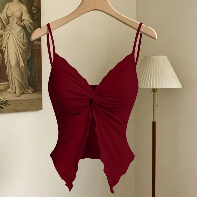 Summer Solid Color Minimalist Shoulder Strap Adjustable V-Neck Front Pleated Knot Wood Ear Split Slim Fit Womenswear Camisole Blouse Fitted Cami Top, Women's Fashion Tops for Summer