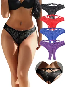 Women's Open Crotchless Lace Panties Silver Lace Bow Criss Cross Back,Cut Out Hipster Plus Size Sexy Cheeky Thong Soft Comfy Breathable Curvy Sheer Knicker Boyshorts for All Seasons Elastic Briefs Valentine's Day Gift Trim Fit Underwear M-3XL