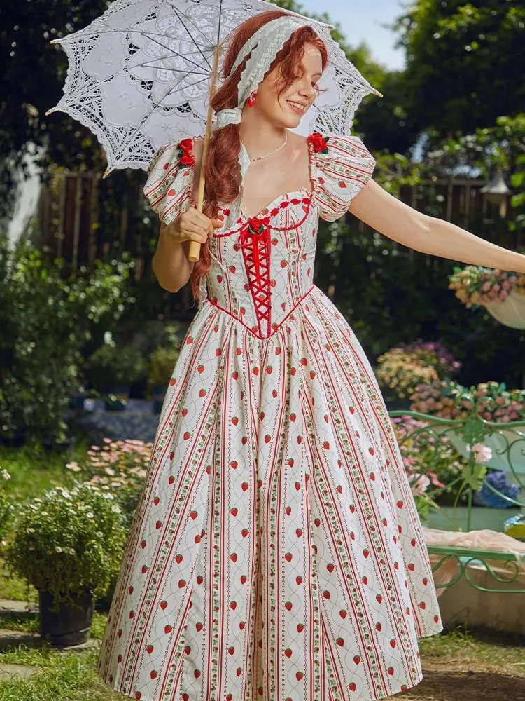 Officially Licensed Strawberry Shortcake Women Corset Dress with Puff Sleeves