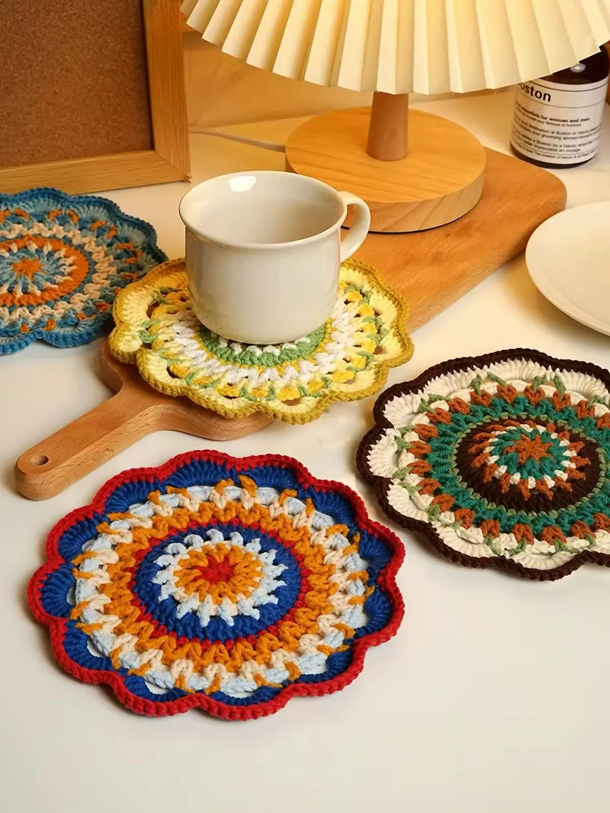 Colorful Bohemian-style cup mats, 100% hand-crocheted, quality lifestyle, 2pcs