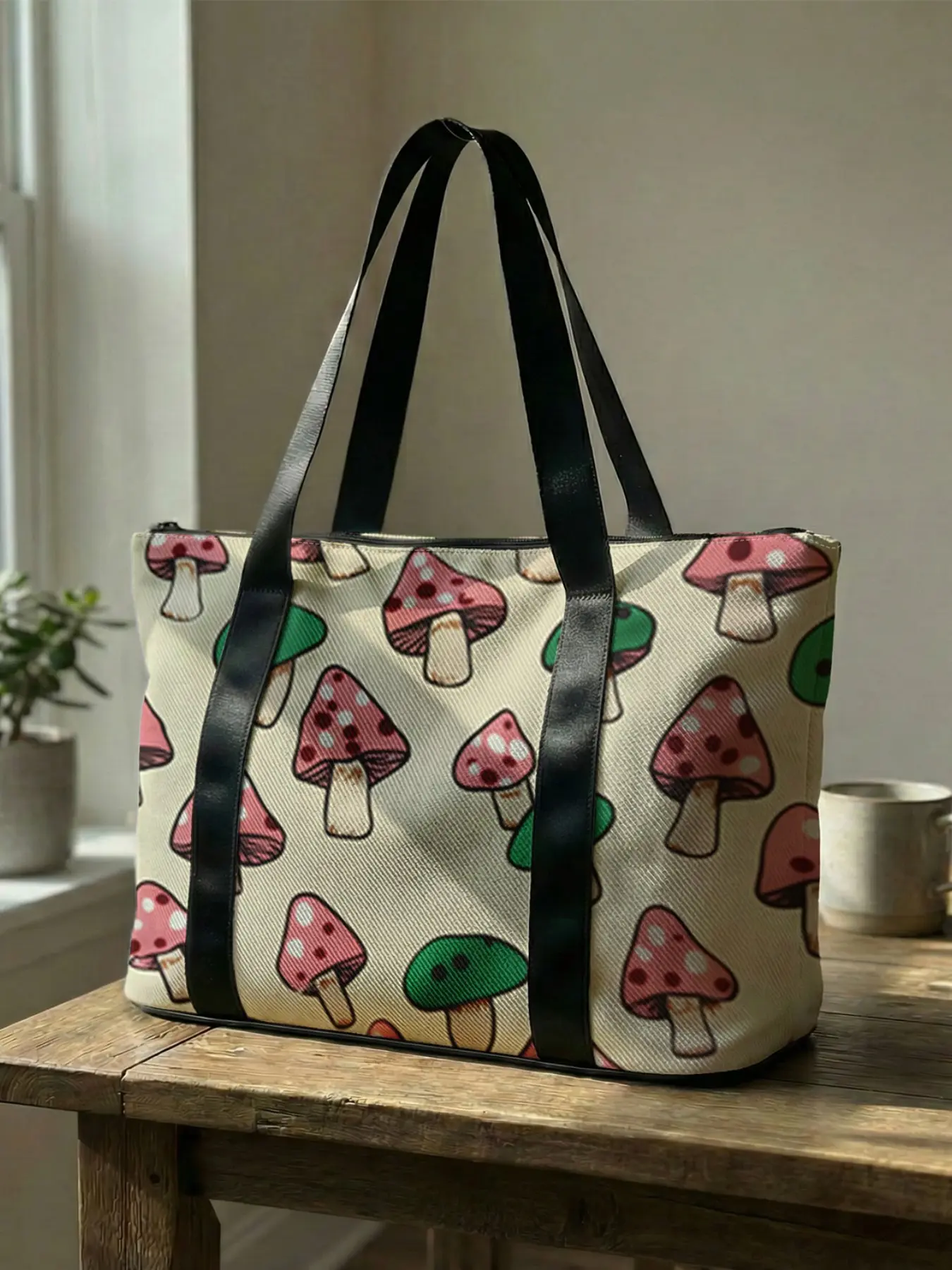 Mushroom Print Handbag, Large Capacity Travel Luggage Bag, Portable Overnight Bag, Fashion Yoga Training Bag, Shoe Storage Crossbody Bag, Travel Essentials Bag, Fashionable Patterned Bag