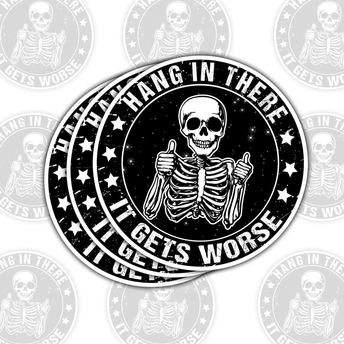 COMBO 3 PCS Hang in There It Gets Worse Sticker, Skeleton Funny Sarcastic Decal, Mental Health Stickers for Book Notebook Water Bottle Tumbler Laptop