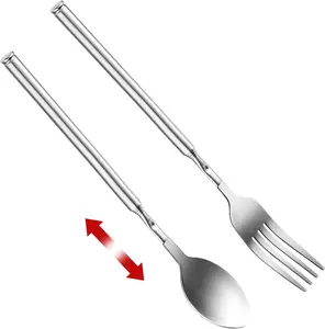 Extendable Fork Spoon, Telescopic Fork Spoon Stainless Steel Long Fork Spoon Retractable Fork Spoon for BBQ Fruit Dessert Extends To 25.2"